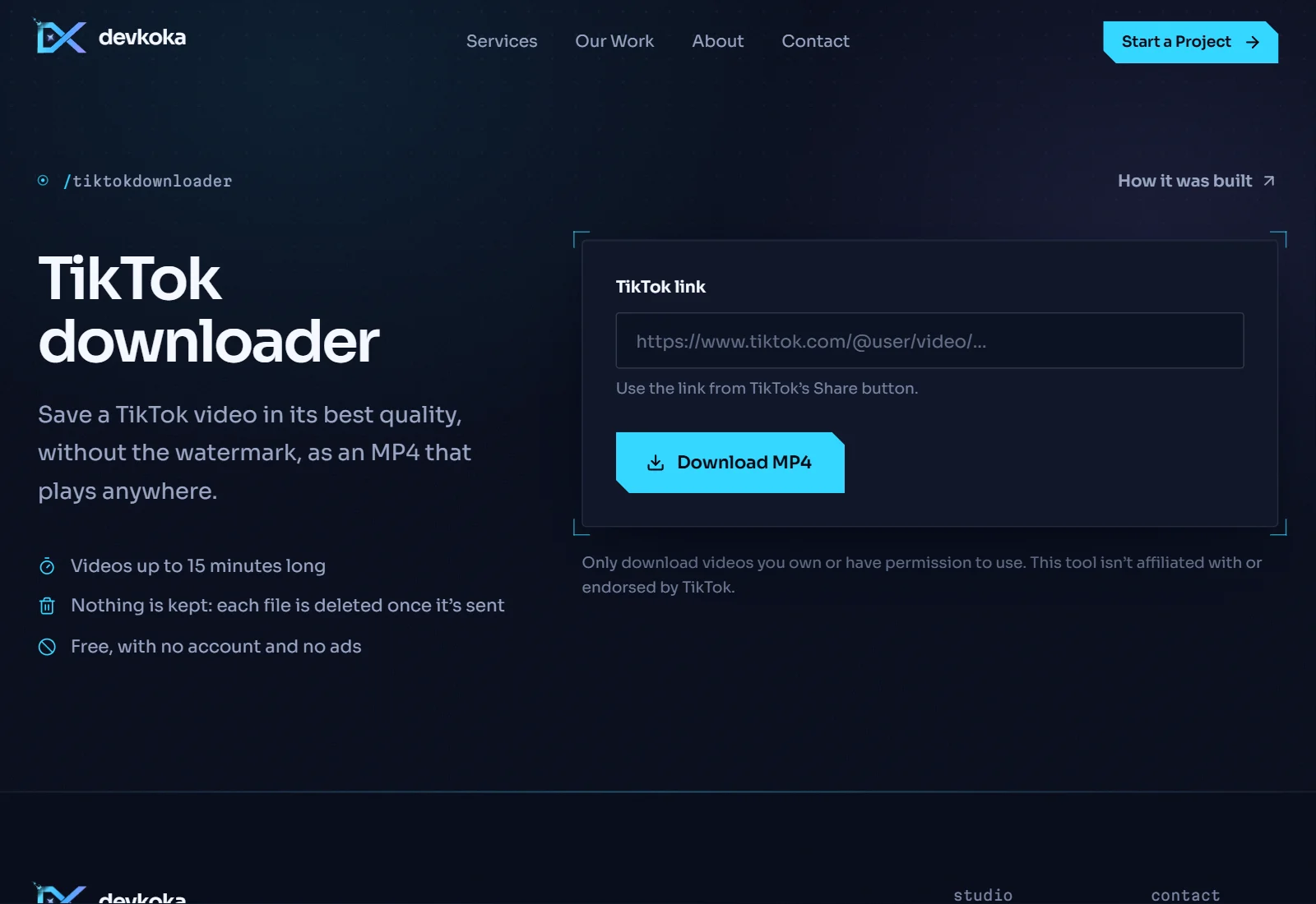 The TikTok downloader on devkoka.com, with a field for a TikTok link