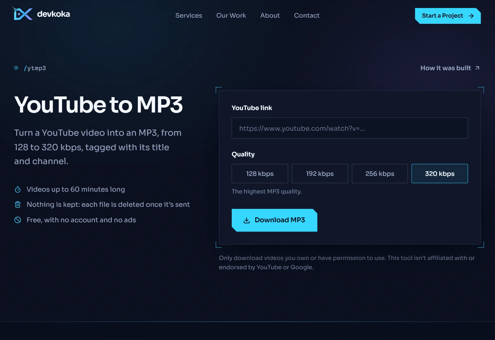 The YouTube MP3 tool on devkoka.com, with a link field and a choice of MP3 quality