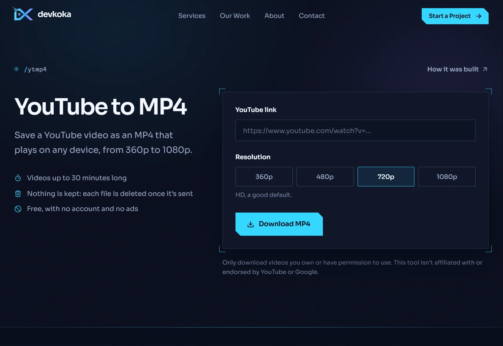 The YouTube MP4 tool on devkoka.com, with a link field and a choice of video quality